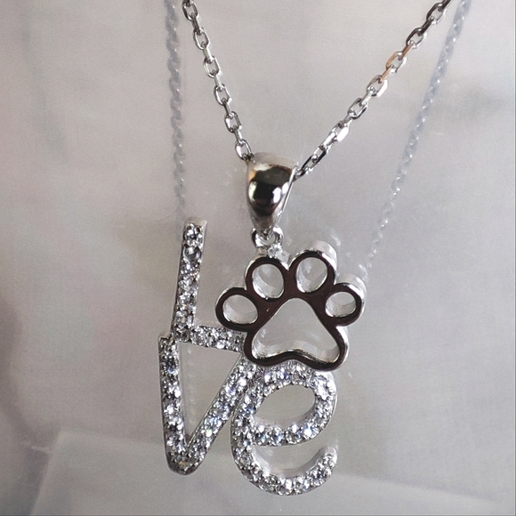 Sterling Silver 925 Pave Cubic Zirconia Clear Pet Paw LOVE Pendant Necklace NWOT - Picture 1 of 7